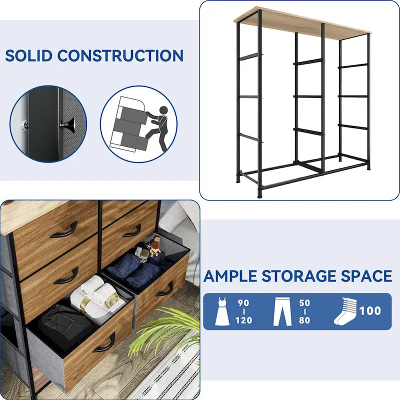 Commode en tissu à 8 tiroirs avec cadre en acier et plateau en bois