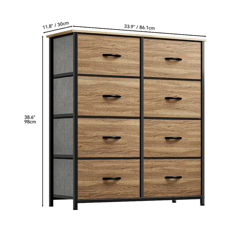 Commode en tissu à 8 tiroirs avec cadre en acier et plateau en bois