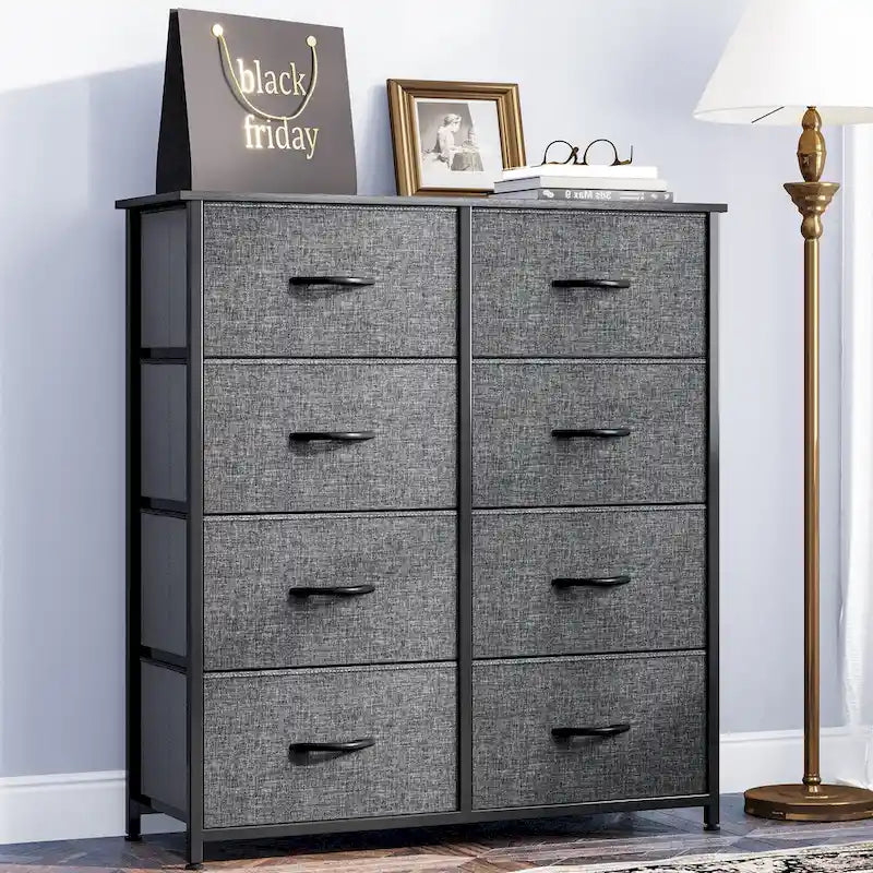 Commode en tissu à 8 tiroirs avec cadre en acier et plateau en bois