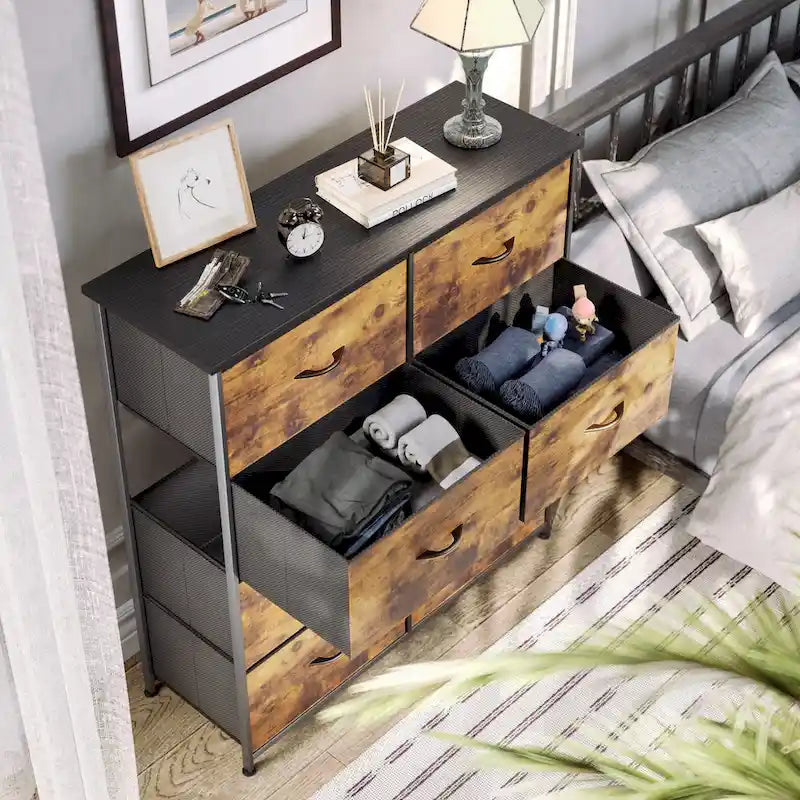 Commode en tissu à 8 tiroirs avec cadre en acier et plateau en bois