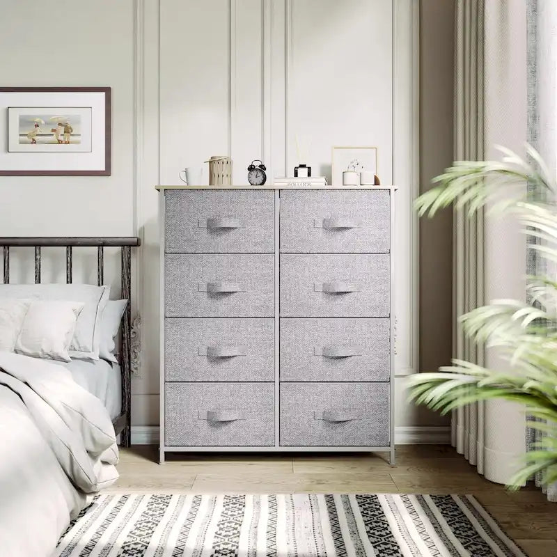 Commode en tissu à 8 tiroirs avec cadre en acier et plateau en bois
