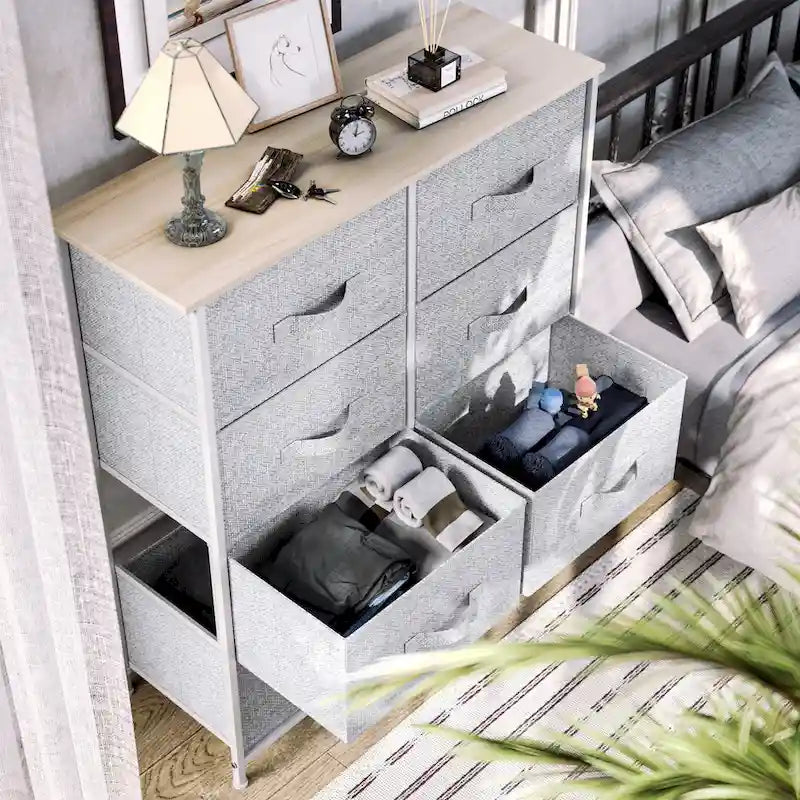 Commode en tissu à 8 tiroirs avec cadre en acier et plateau en bois