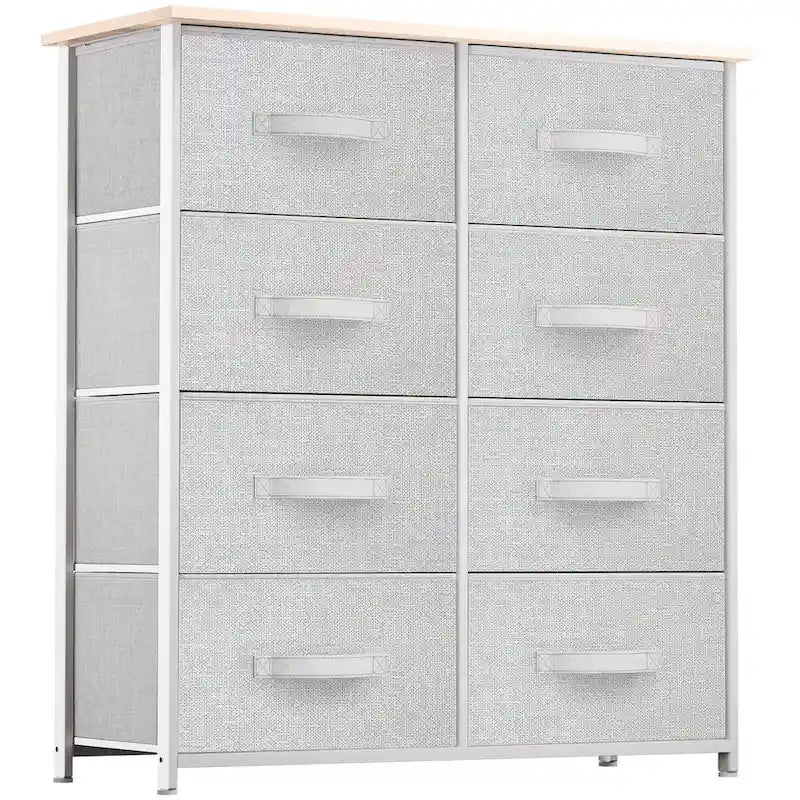 Commode en tissu à 8 tiroirs avec cadre en acier et plateau en bois