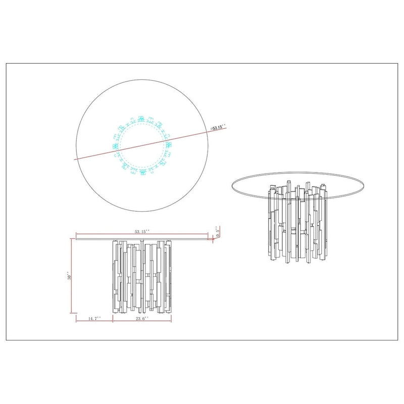 Table de salle à manger ronde de 53 pouces avec plateau en verre et base en acier