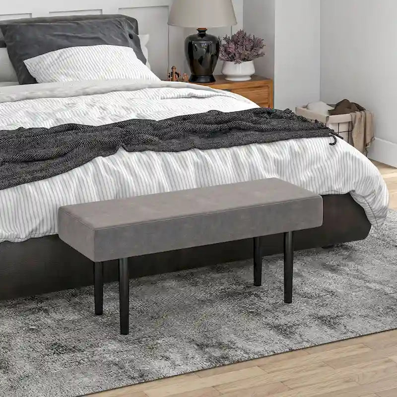 Banc rembourré de 39 po avec pieds en acier, tissu velours, gris