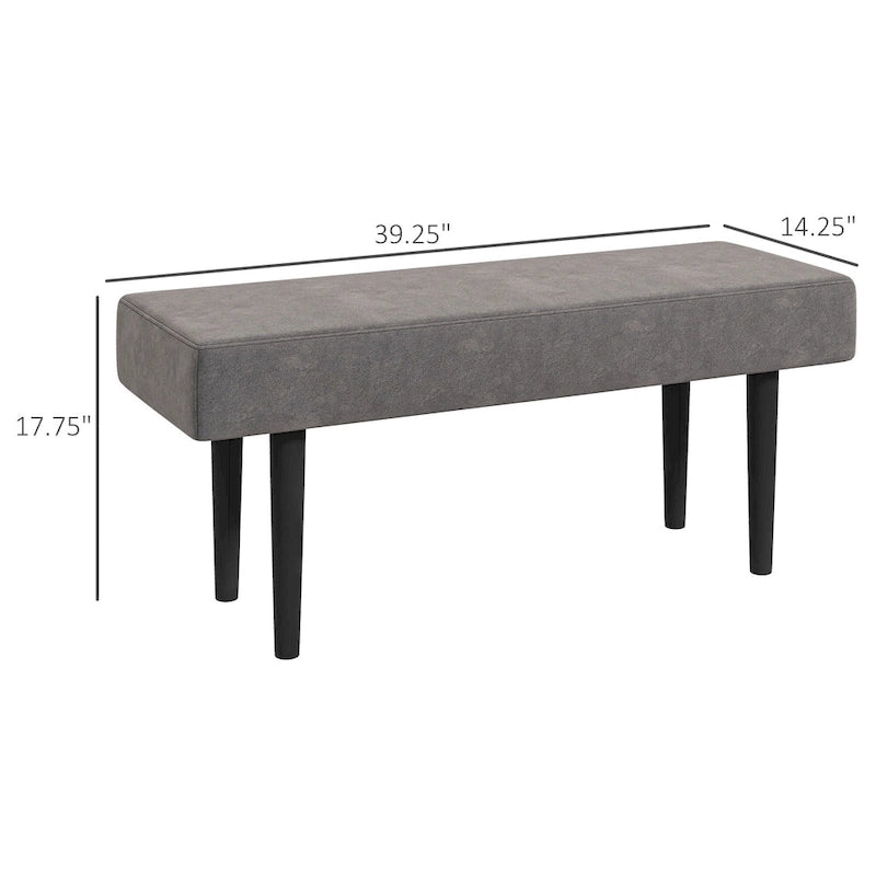 Banc rembourré de 39 po avec pieds en acier, tissu velours, gris