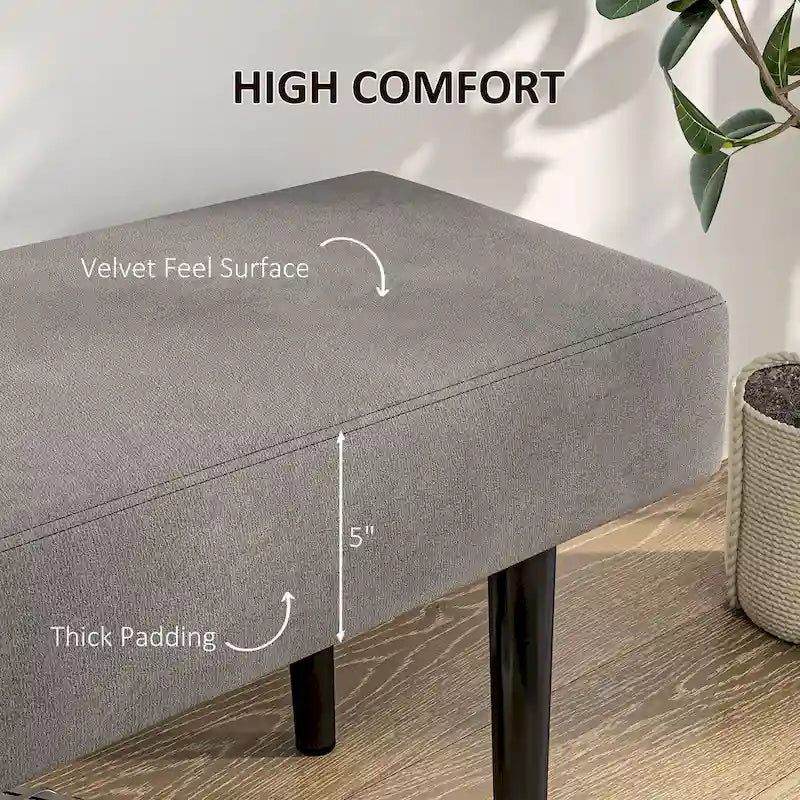 Banc rembourré de 39 po avec pieds en acier, tissu velours, gris