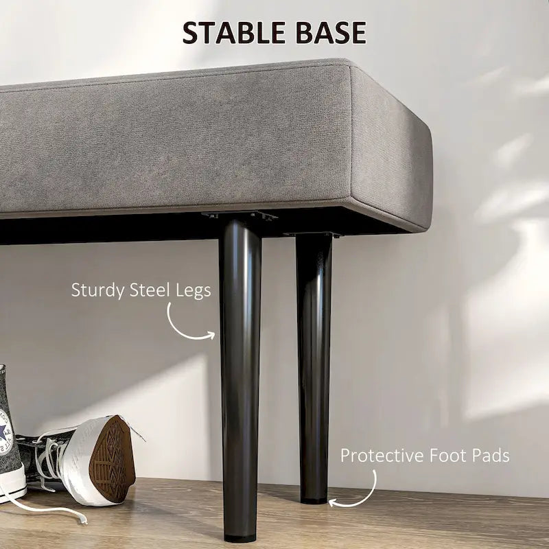 Banc rembourré de 39 po avec pieds en acier, tissu velours, gris