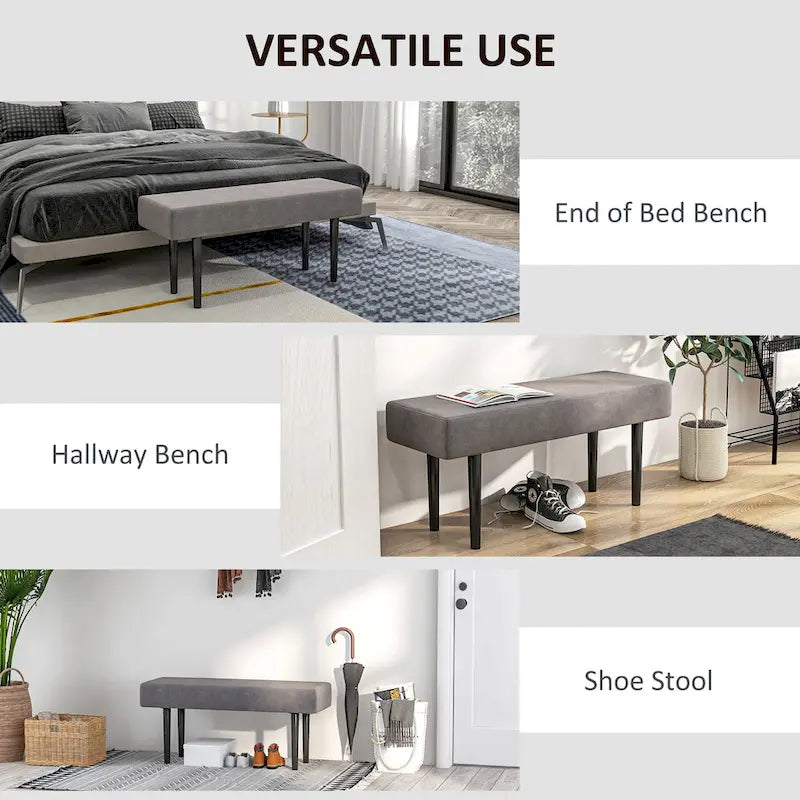 Banc rembourré de 39 po avec pieds en acier, tissu velours, gris
