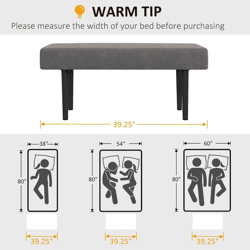 Banc rembourré de 39 po avec pieds en acier, tissu velours, gris