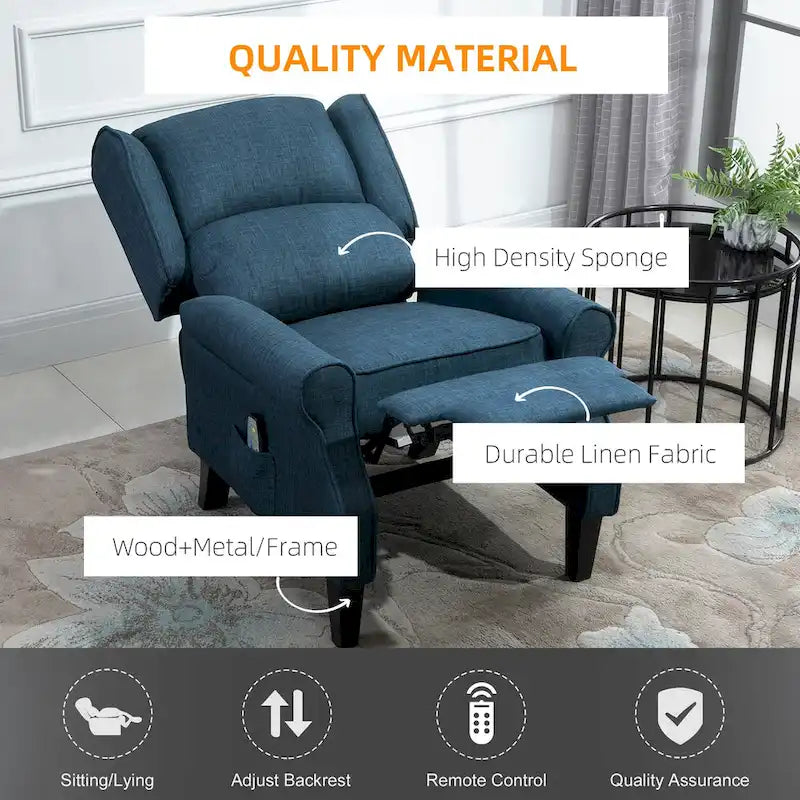 Fauteuil inclinable massant et chauffant à dossier haut avec télécommande