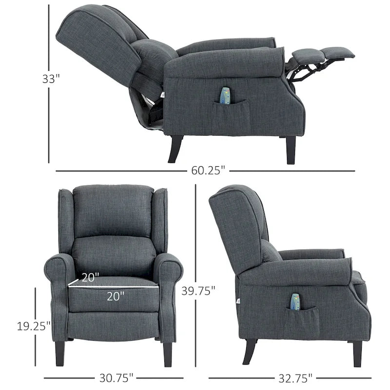 Fauteuil inclinable massant et chauffant à dossier haut avec télécommande