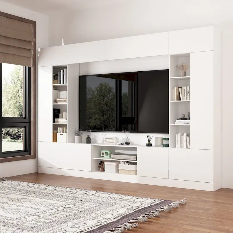 Meuble TV mural avec étagères – Blanc / Noir