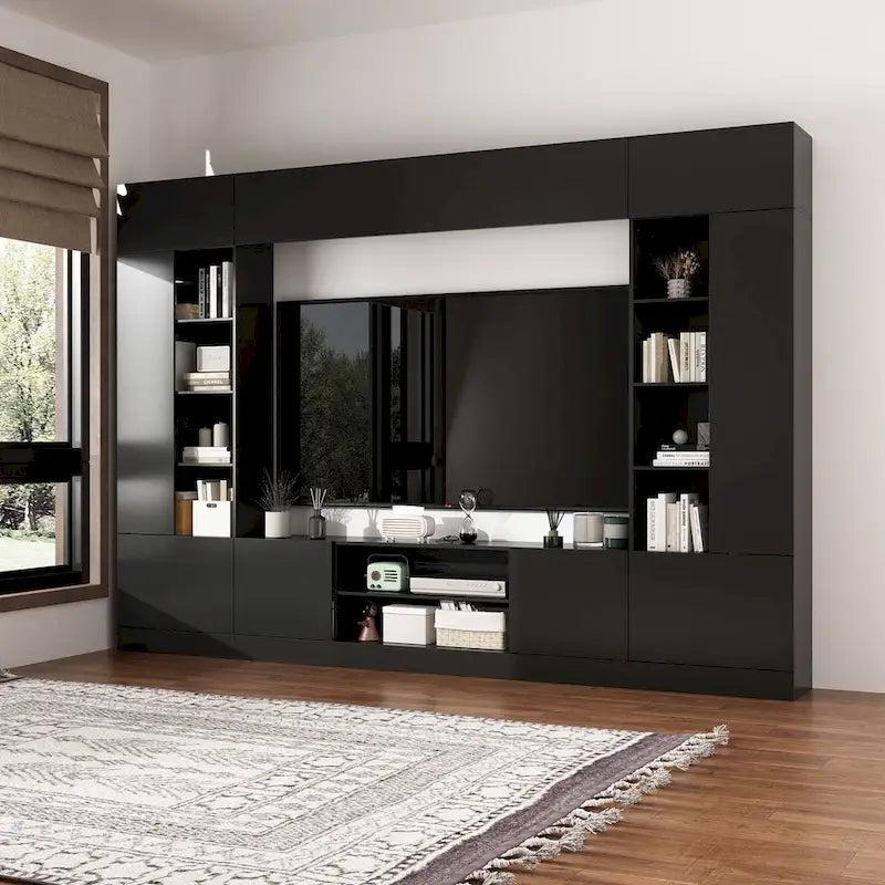 Meuble TV mural avec étagères – Blanc / Noir