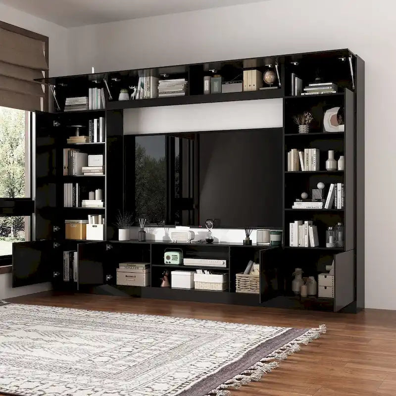 Meuble TV mural avec étagères – Blanc / Noir