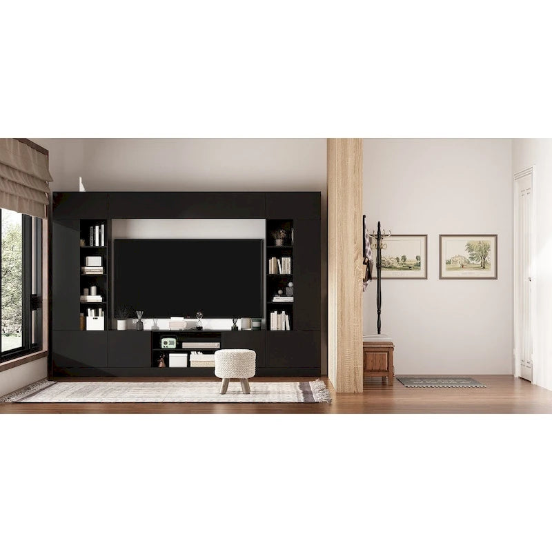 Meuble TV mural avec étagères – Blanc / Noir