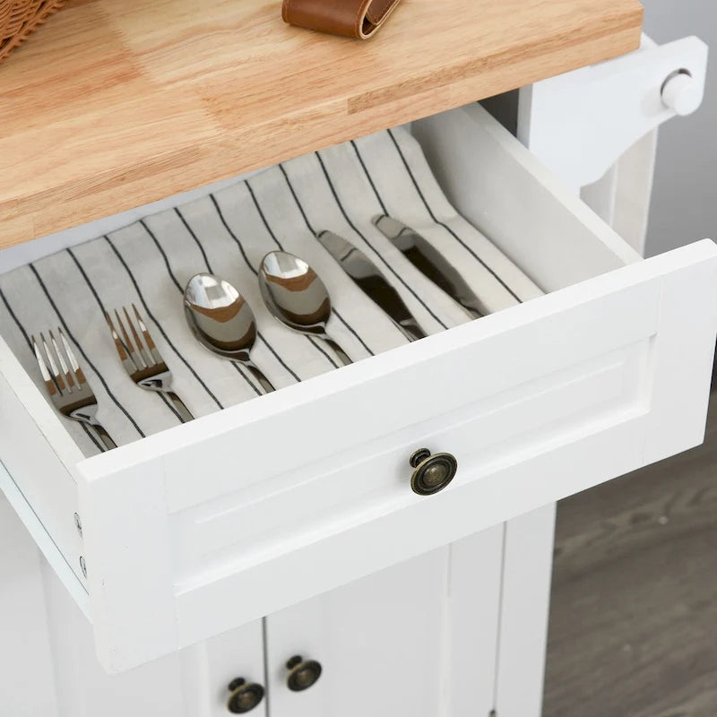 Desserte de cuisine roulante avec plateau en bois d'hévéa, porte-épices, porte-serviettes et tiroirs