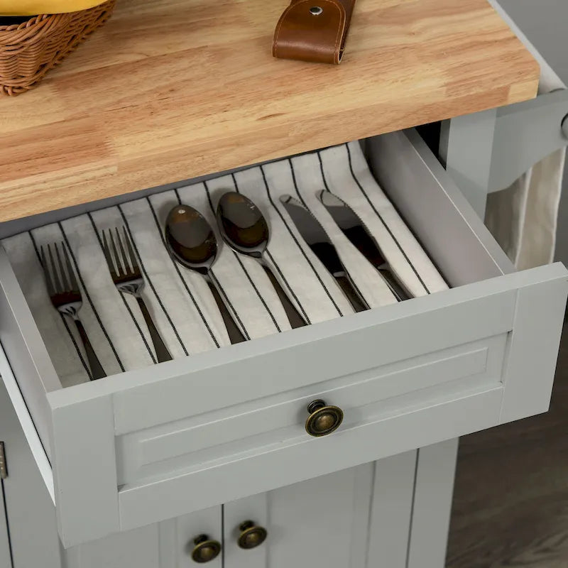 Desserte de cuisine roulante avec plateau en bois d'hévéa, porte-épices, porte-serviettes et tiroirs