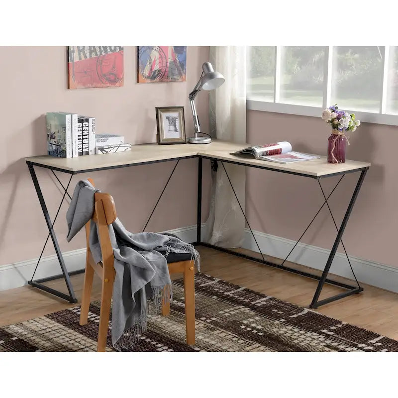 Bureau d'angle en L avec base métallique