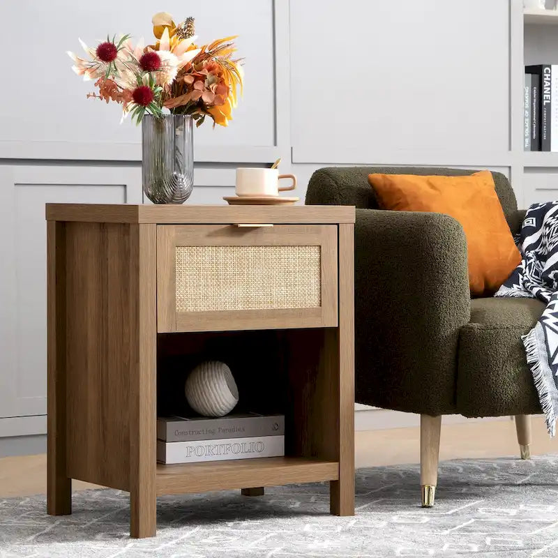 Table de chevet de style campagnard avec tiroir et étagère de rangement