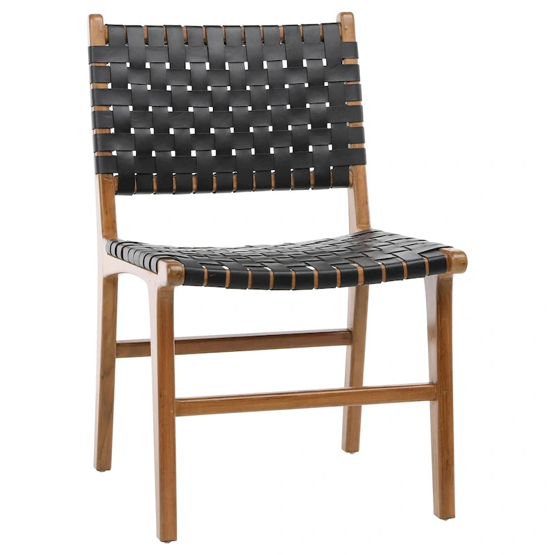 Chaise de salle à manger latérale en cuir tressé et teck
