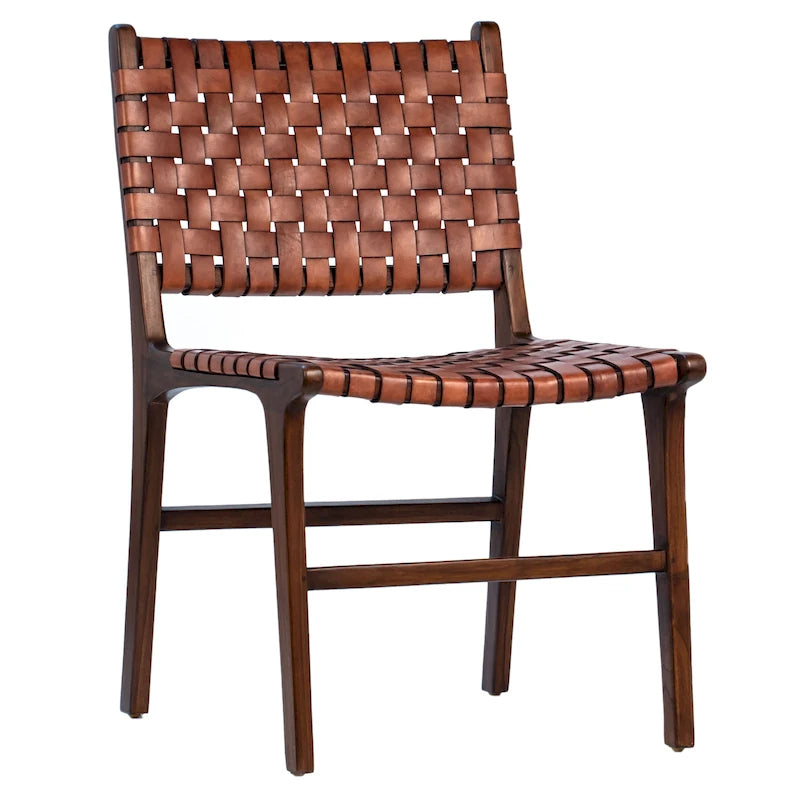 Chaise de salle à manger latérale en cuir tressé et teck
