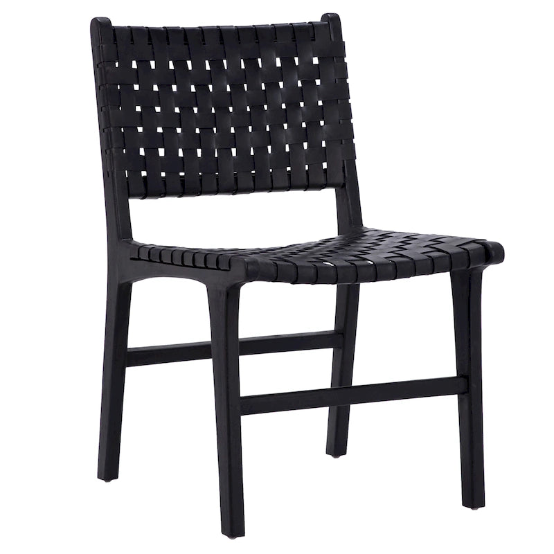 Chaise de salle à manger latérale en cuir tressé et teck