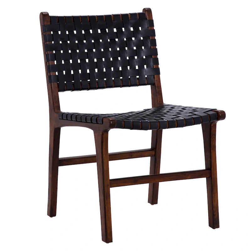 Chaise de salle à manger latérale en cuir tressé et teck