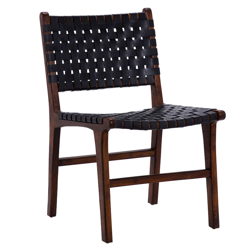 Chaise de salle à manger latérale en cuir tressé et teck