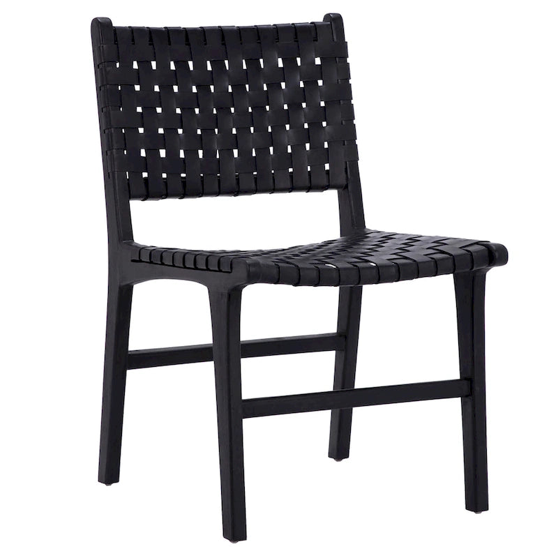 Chaise de salle à manger latérale en cuir tressé et teck