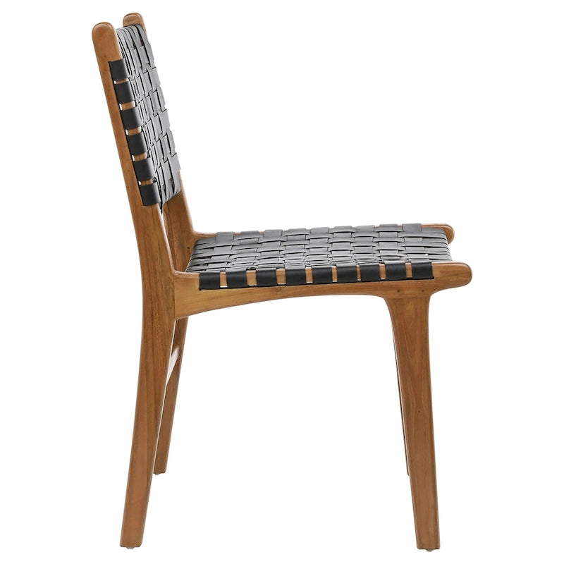 Chaise de salle à manger latérale en cuir tressé et teck