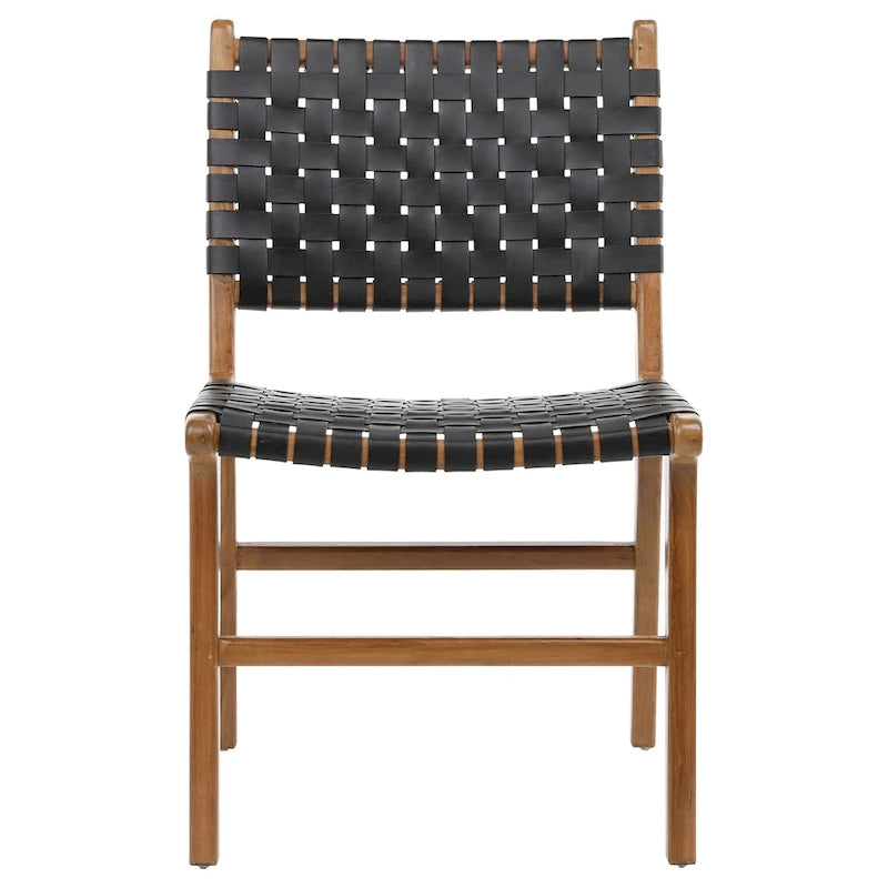 Chaise de salle à manger latérale en cuir tressé et teck