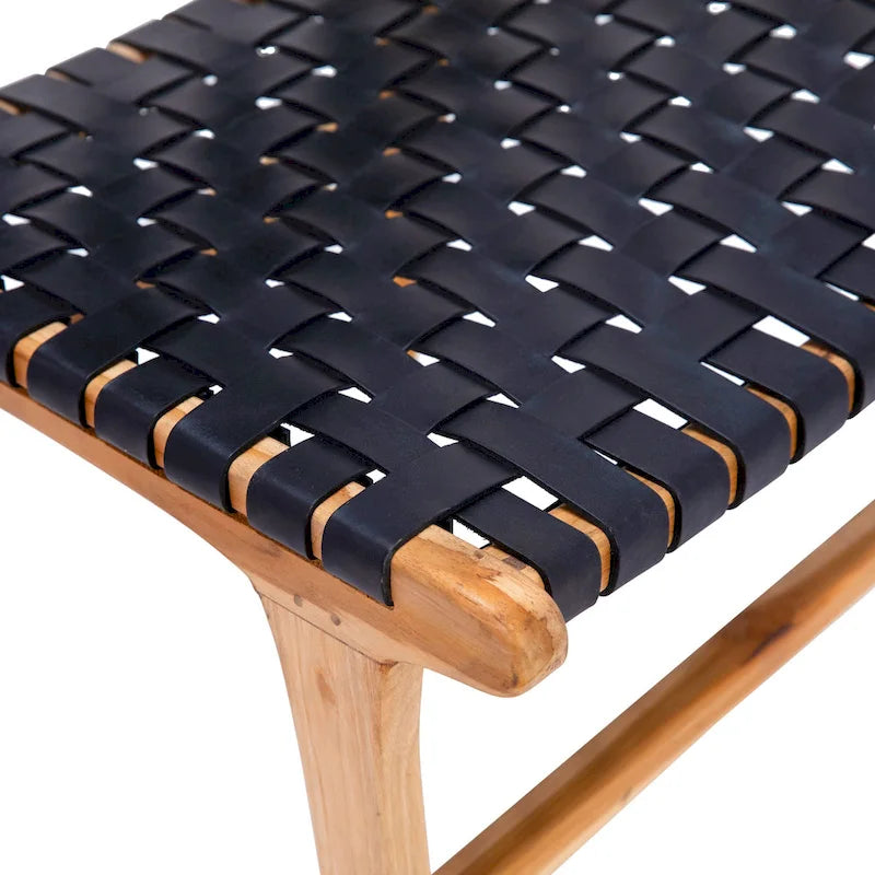 Chaise de salle à manger latérale en cuir tressé et teck