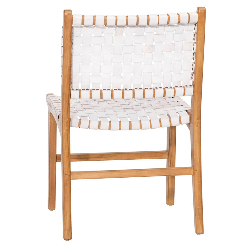 Chaise de salle à manger latérale en cuir tressé et teck