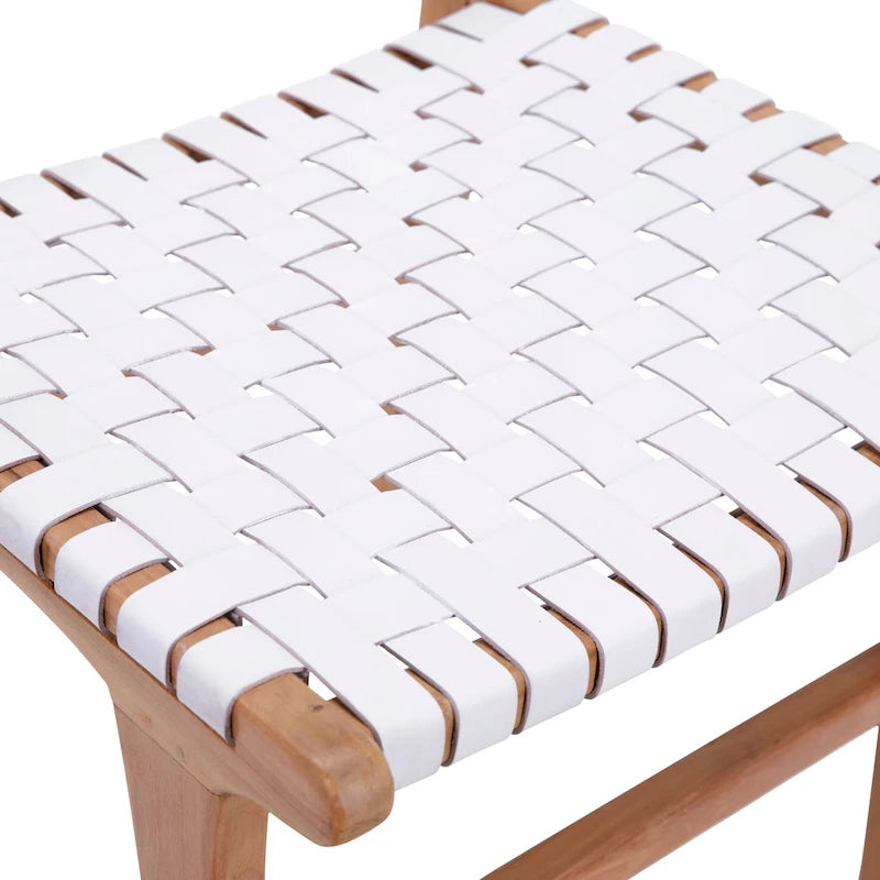 Chaise de salle à manger latérale en cuir tressé et teck