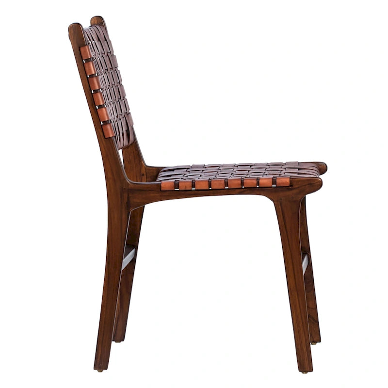Chaise de salle à manger latérale en cuir tressé et teck