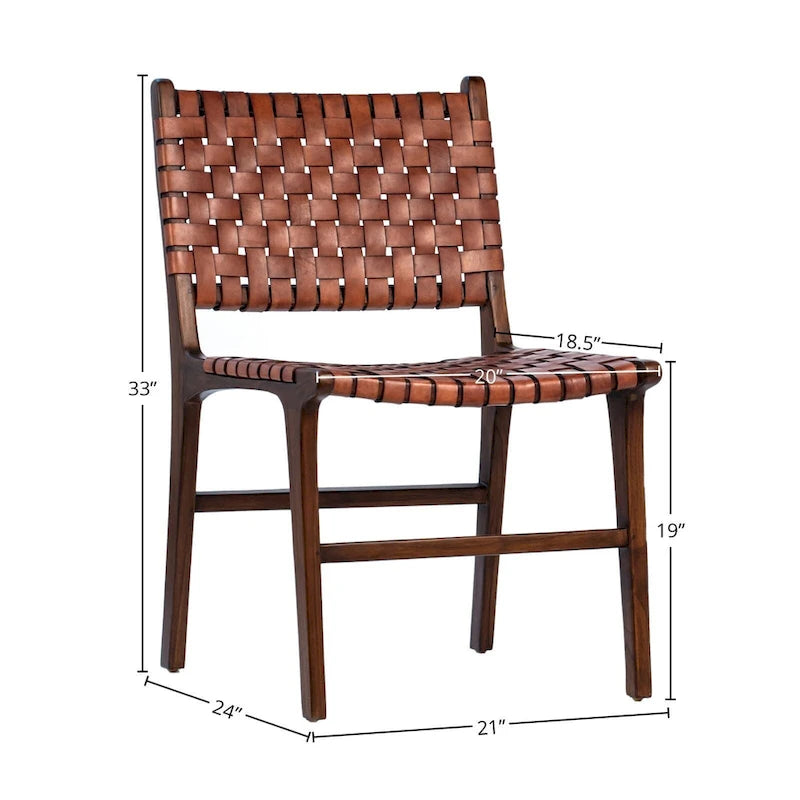 Chaise de salle à manger latérale en cuir tressé et teck
