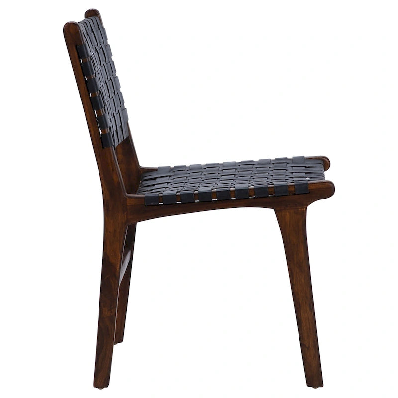 Chaise de salle à manger latérale en cuir tressé et teck