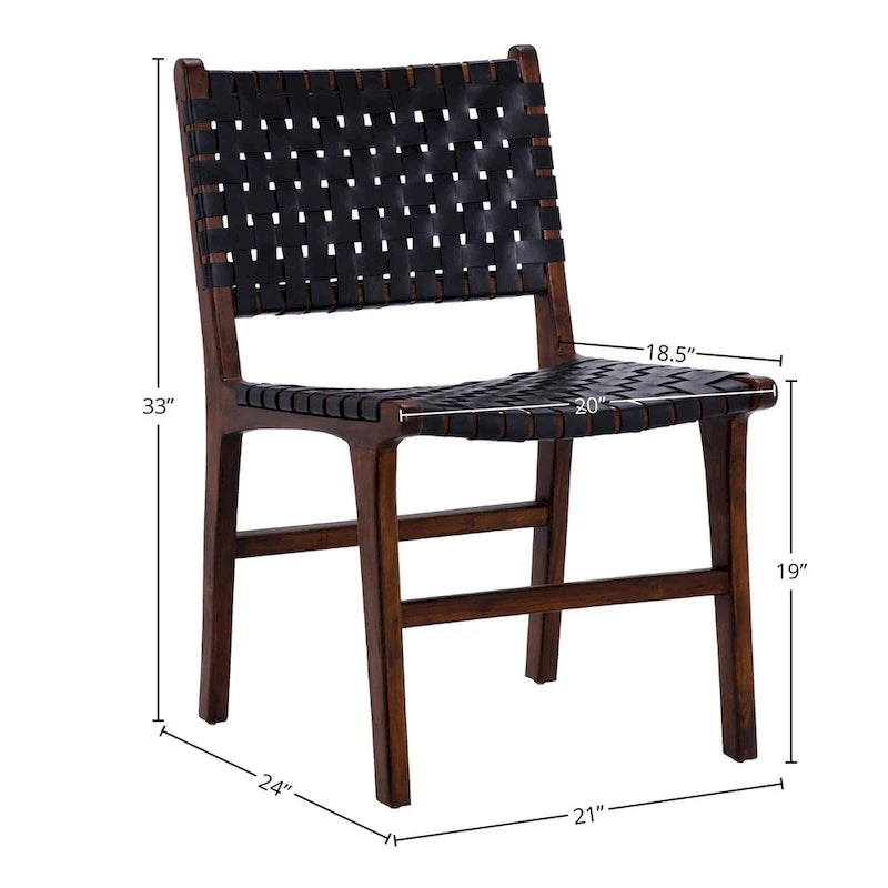 Chaise de salle à manger latérale en cuir tressé et teck