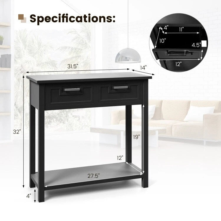 Console étroite avec tiroirs et étagère de rangement ouverte