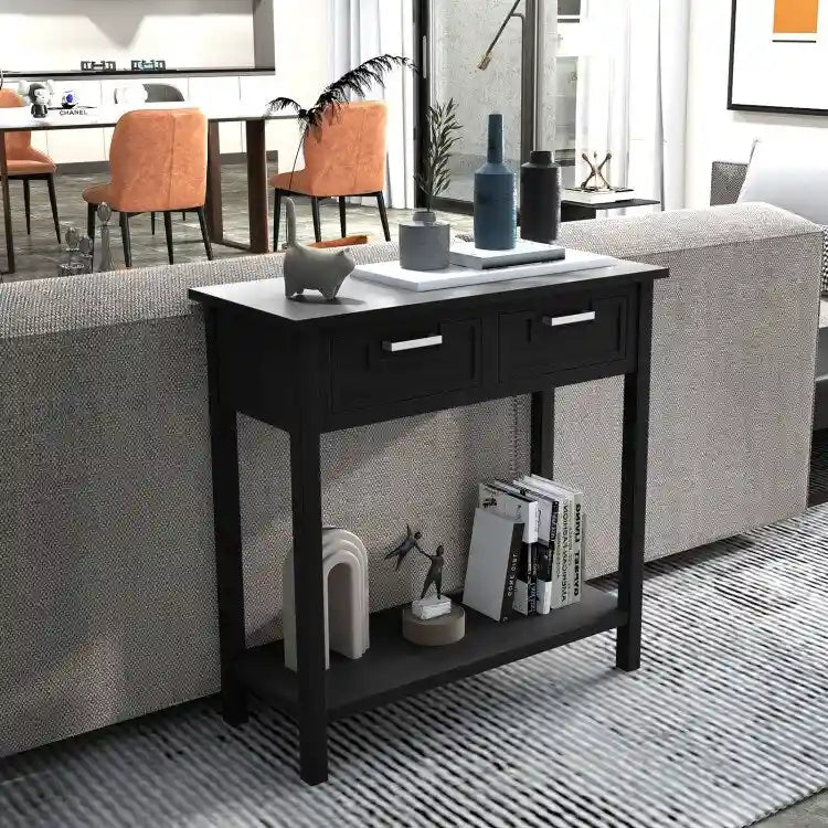 Console étroite avec tiroirs et étagère de rangement ouverte