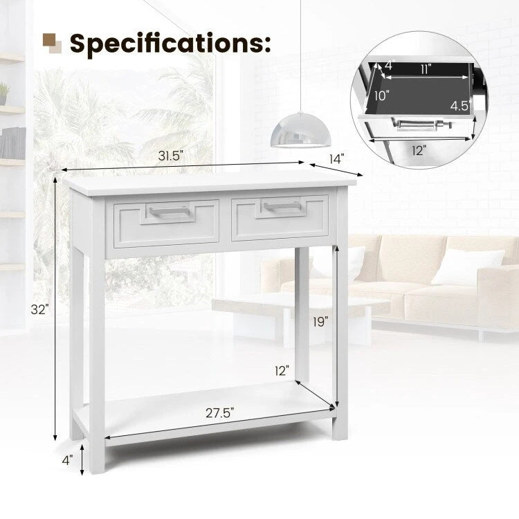 Console étroite avec tiroirs et étagère de rangement ouverte