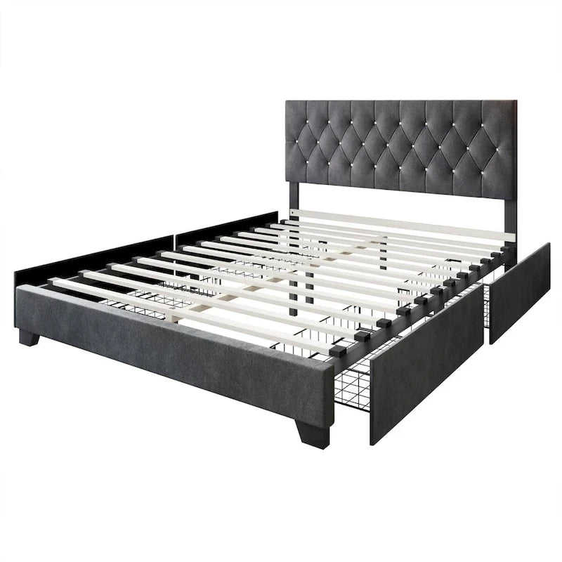 Lit plateforme de rangement capitonné avec tiroirs