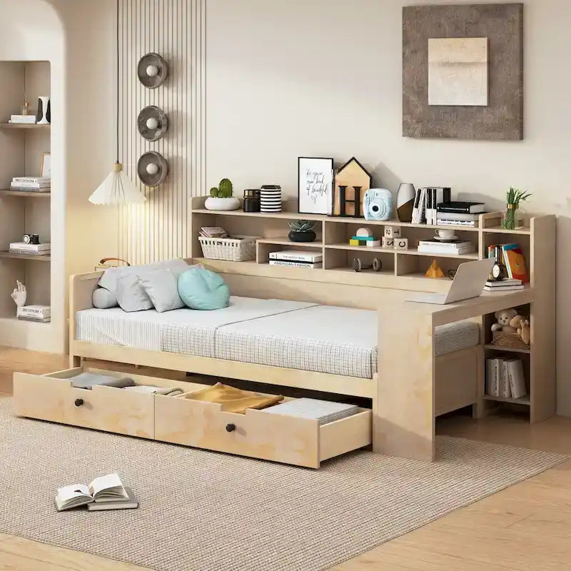Lit de repos multifonctionnel avec étagères de rangement, 2 tiroirs et bureau d'étude