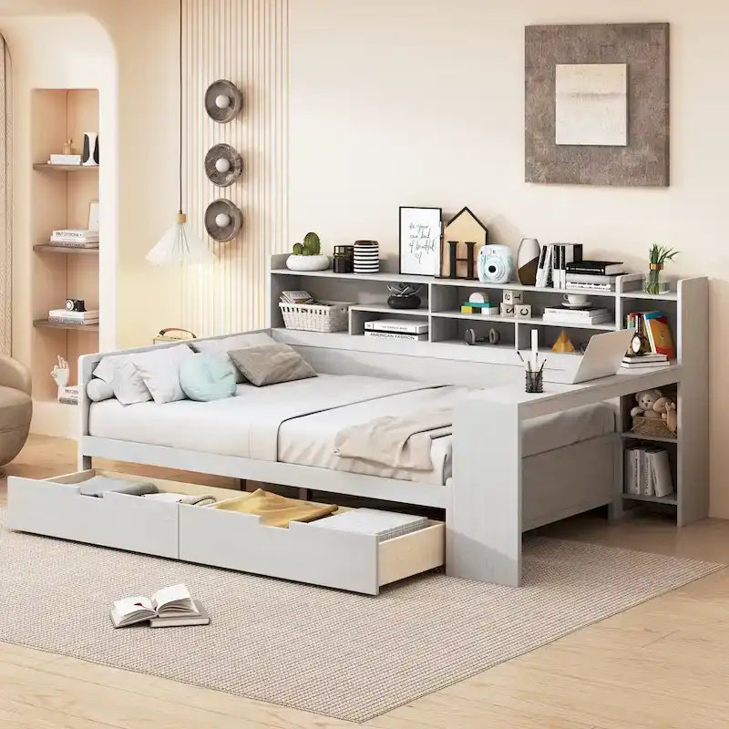 Lit de repos multifonctionnel avec étagères de rangement, 2 tiroirs et bureau d'étude