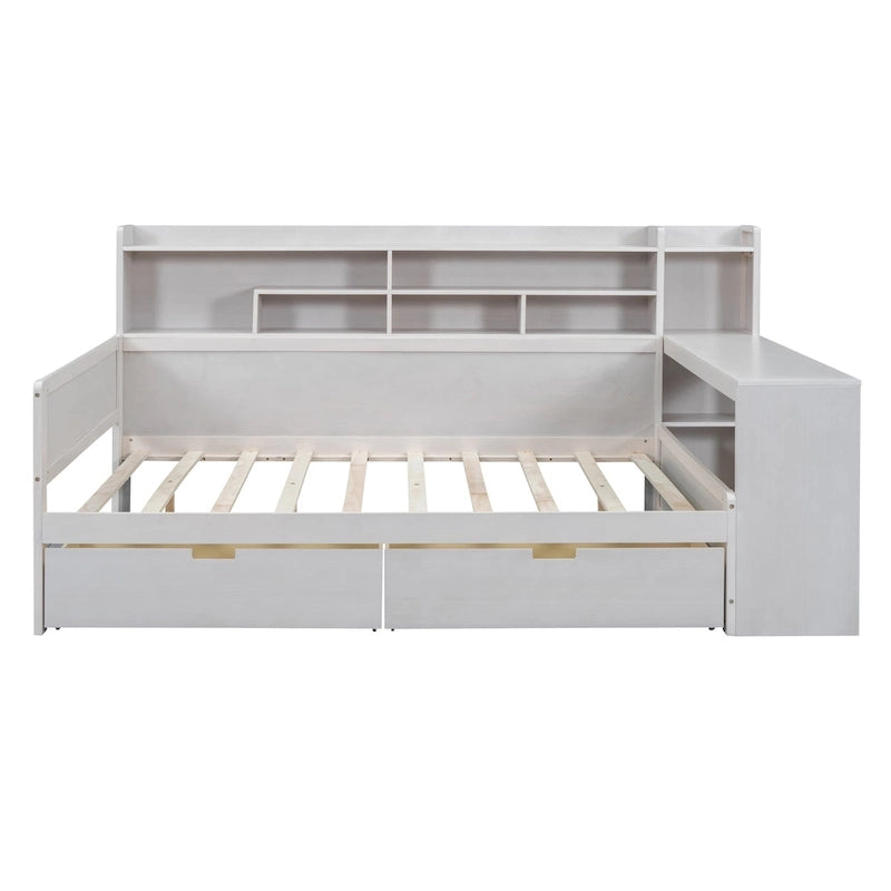 Lit de repos multifonctionnel avec étagères de rangement, 2 tiroirs et bureau d'étude