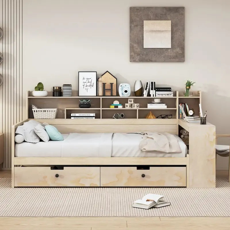 Lit de repos multifonctionnel avec étagères de rangement, 2 tiroirs et bureau d'étude