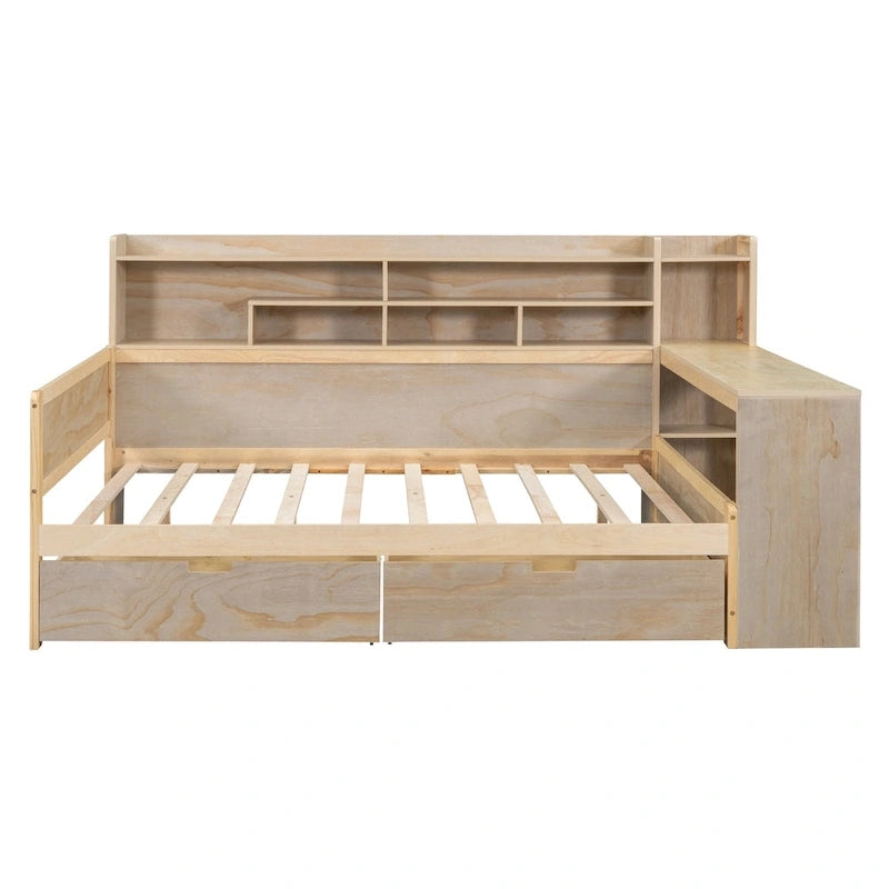 Lit de repos multifonctionnel avec étagères de rangement, 2 tiroirs et bureau d'étude