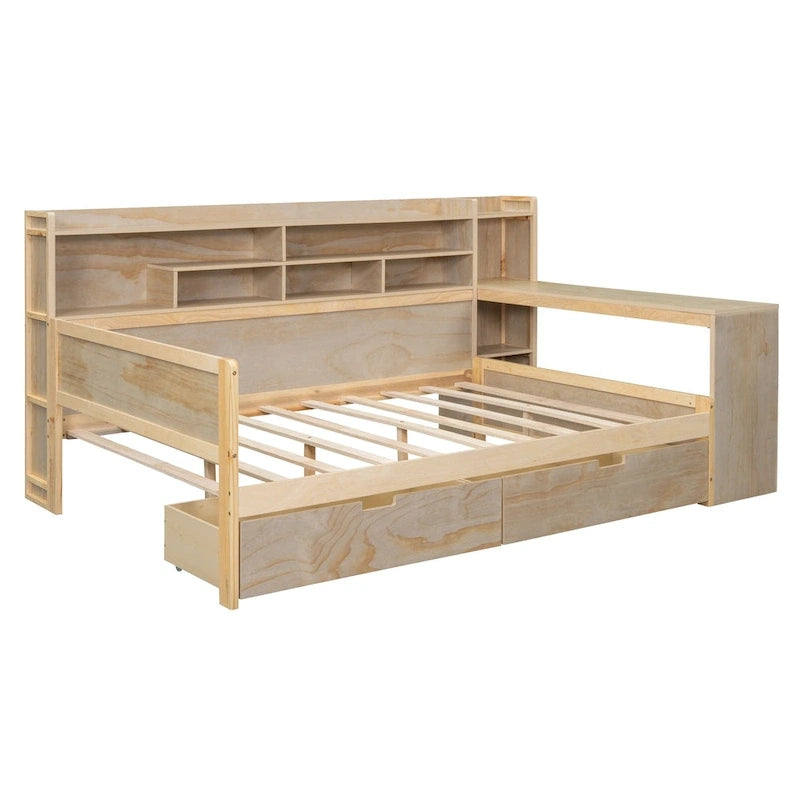 Lit de repos multifonctionnel avec étagères de rangement, 2 tiroirs et bureau d'étude