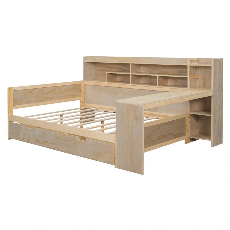 Lit de repos multifonctionnel avec étagères de rangement, 2 tiroirs et bureau d'étude
